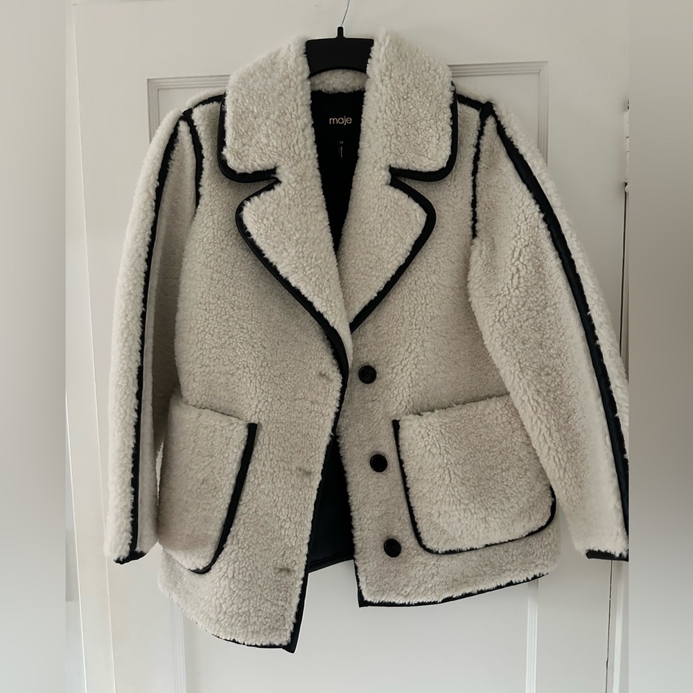 New Maje Ecru and Black Shearling Jacket Size 34